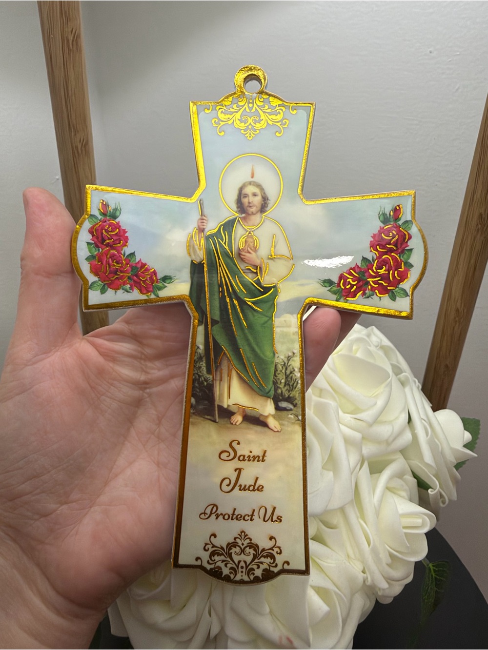 Saint Jude Decorative Wall Cross - Gold and Green